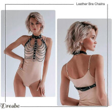 Body Chain Harness Black Leather Gothic Punk Layered Choker Bra Chains