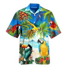(XXXL, A) Summer Hawaiian Shirt Vivid T-shirt Retro Shirt Beach Parrot Print Short Sleeve Man Camisa Vacation Casua