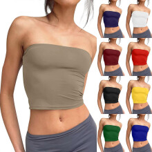 (L, Coffee) Womens Strapless Crop Tops Basic Backless Sleeveless Bandeau Cute Sexy Trend Street Solid Tube