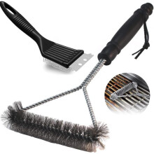 Brosse de nettoyage 2 en 1 en acier inoxydable avec grattoir pour barbecue, nettoyage rapide et efficace de tous types de grilles, intérieur et e