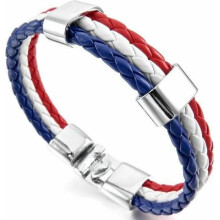 Bracelet manchette en cuir et alliage pour homme et femme, couleurs argent, bleu, blanc et rouge, réglable pour le poignet