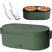 Elektrische verwarmde lunchbox, draagbare lunchcontainer met usb, 800 ml, 2 uitneembare roestvrijstalen bakjes, groen