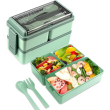 Lunchbox van 1400 ml voor kinderen en volwassenen met 3 vakken en bestek, geschikt voor school en werk, groen