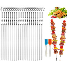 20 Stainless Steel BBQ Skewers, 30 cm Reusable Kabob Sticks with 2 Oil Brushes, Grill Accessory for Outdoor Cooking