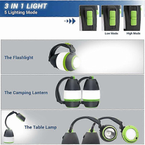 3 in 1 Camping Lantern LED Rechargeable Flashlight Table Lamp, 5 Modes, Outdoor Tent Light, Multi-Function Power Bank 2