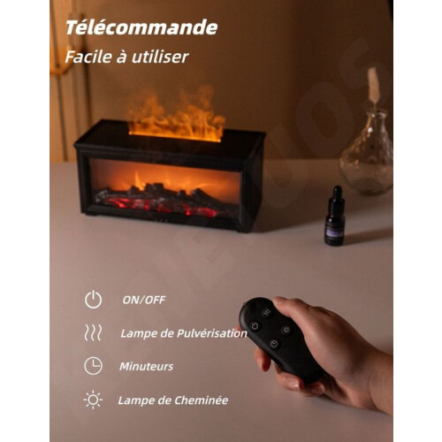 Essential Oil Diffuser, Air Humidifier, Fireplace Flame Effect, 3 Timer Settings, Remote Control, Black Design 1