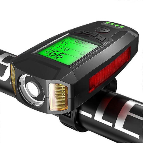 Bicycle Headlight with Fog Light Horn and Speedometer Display Compatible with Wired Cycle Computer