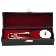 Miniatur-Posaunen-Replika, Messing vergoldet, mit Ständer und Holzkoffer, Musikinstrument-Dekorationsobjekt