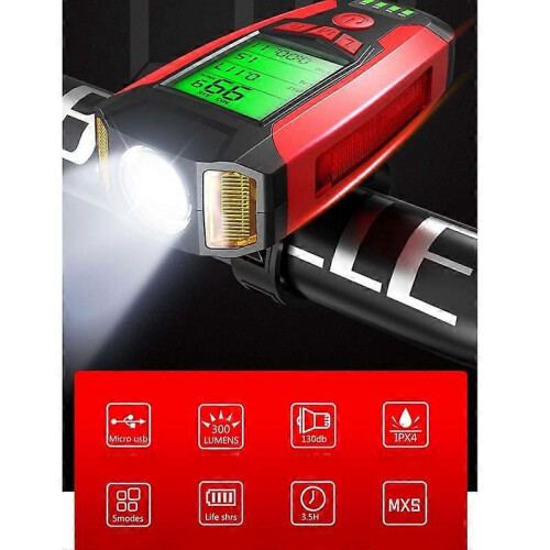 Bicycle Headlight with Fog Light Horn and Speedometer Display Compatible with Wired Cycle Computer 2