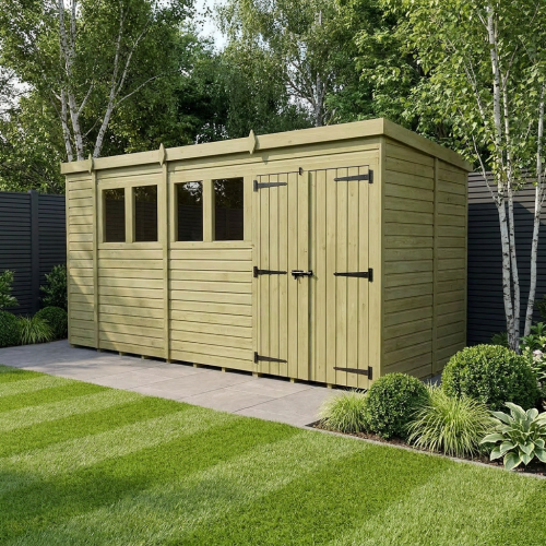 17 x 6 Pent Shed Tanalised (Double Door, With Windows)