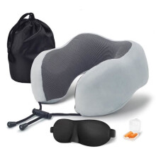 Memory Foam Travel Neck Pillow with Earplugs, Eye Mask and Storage Bag, Grey