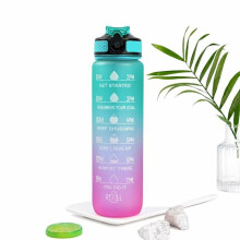 1000ml Frosted Gradient Plastic Sports Water Bottle with Straw, Stylish Pink and Green Design for Students and Outdoor Activities
