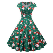(2XL, Jy14954) Christmas V-Neck Short-Sleeved Large Swing Dress Comfortable Festival Party Costumes for New Year Parties