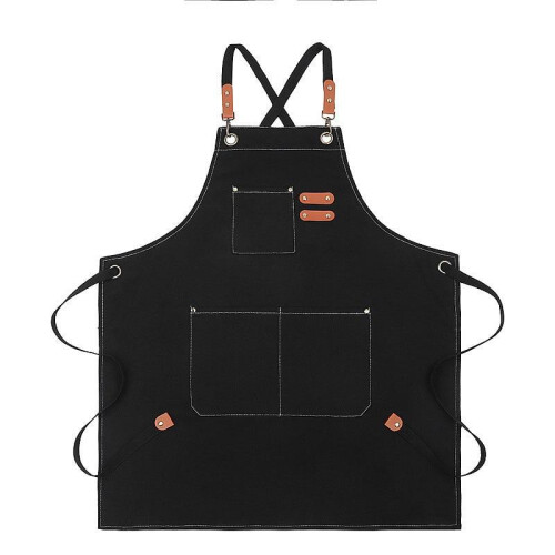 Kitchen Apron Black Unisex Adjustable Pockets 100% Cotton Set