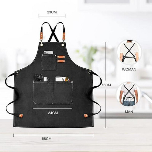 Kitchen Apron Black Unisex Adjustable Pockets 100% Cotton Set 2