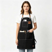 (Black) ShuangBo Black Denim Apron With Multiple Pockets Dirt-Resistant Durable Adjustable Straps For Kitchen Baking Serving Professional Work
