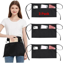 Black Waterproof Waist Apron Set of 3, Adjustable Belt, 3 Pockets, Kitchen Apron for Men Women, Short Waiter Apron for Restaurant Cafe Bistro Chef
