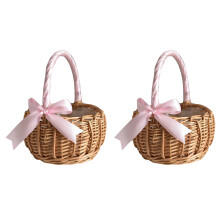 2X Wicker Woven Flower Basket, with Handle and Ribbon, Wedding Flower Girl Baskets, for Home Garden Decoration(S)
