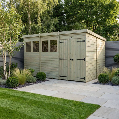 12 x 9 Pent Shed Tanalised (Double Door, With Windows)