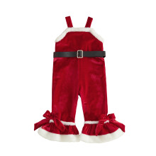(2-3 Years, Red) Toddler Girls Velvet Christmas Overalls Contrast Color Cute Bow Sleeveless Jumpsuit with Belt Flared Suspender Pants
