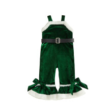 (6-12 Months, Army Green) Toddler Girls Velvet Christmas Overalls Contrast Color Cute Bow Sleeveless Jumpsuit with Belt Flared Suspender Pants