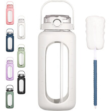 Glas-Trinkflasche mit Strohhalm und Zeitmarkierung, robust, 960ml, Weiß — glas trinkflasche, fitness trinkflasche