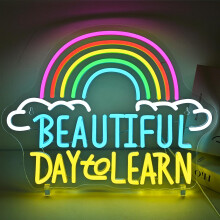 Letrero LED de Neón Beautiful Day to Learn para Interiores Decorativo Brillante Colorido — decoración rincón lectura