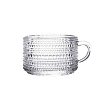 Vintage Embossed Glass Coffee Mug with Handle, Clear Breakfast Cup with Gold Spoon for Latte, Milk, Cereal and Beverages