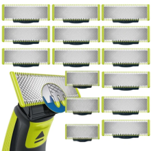 Verpakking met 15 scheermesjes, compatibel met Philips OneBlade vervangingsmesjes.