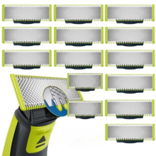 Verpakking met 14 scheermesjes, compatibel met Philips OneBlade vervangingsmesjes.