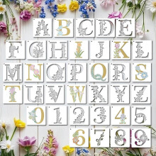 Set van 36 herbruikbare alfabetstencils van 10 cm met letters, cijfers en bloemmotieven voor knutsel-, schilder- en doe-