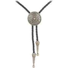 Vintage metalen ronde cowboy bolo das ketting met gegraveerd leren koord, western trui ketting das