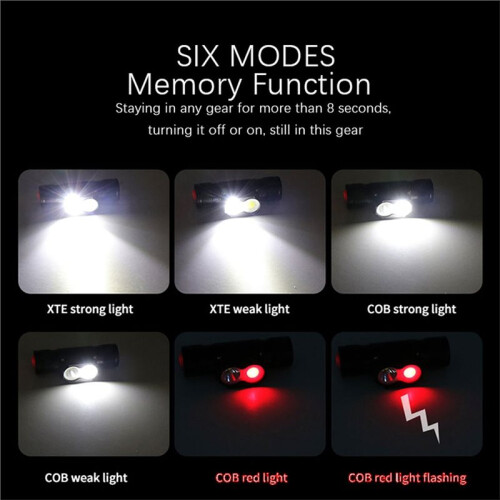 Type-C Rechargeable LED Headlamp, White & Red Light 18650 Flashlight with Memory Function for Fishing Hunting Camping 2