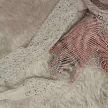 (White) Women Rhinestone Fishnet Mesh Pantyhose Stockings Hollow Shiny Tights Party Club wear