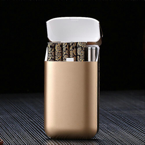 (Gold) Cigarette Case with Lighter USB Rechargeable for Camping Outdoors