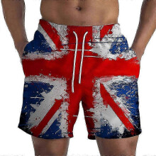 (2XL) Union Jack Print Drawstring Beach Pants for Men: Summer Swim Trunks with Elastic Waist and Holiday Style Size