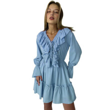 Womens V Neck Casual Long Sleeve Dresses Summer Loose High Waist Ruffle Pleated Cute Short Dress S