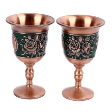 Vintage Metal Wine Glasses with Embossed Decorative Retro Design for Home Bar - 2 Pcs Rose Gold & Green Background