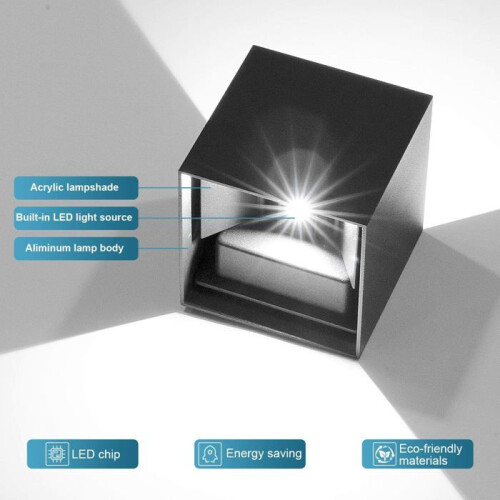 12W LED Indoor Wall Light, 2 Pack, IP65 Waterproof Outdoor Wall Light, Adjustable Beam Angle, 6000K Cool White (Black) 2