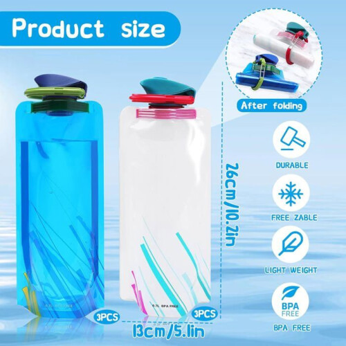 Πτυσσόμενα μπουκάλια νερού - 6 τεμάχια - 700 ml - Χωρίς BPA - Αδιάβροχα 1