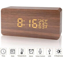 Sveglia digitale in legno - Orologio digitale LCD - Marrone, LED, luminosità regolabile - Visualizza data, umidità e temperatura