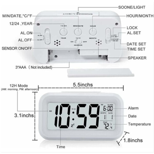 Nosheir witte digitale wekker op batterijen - groot LED-display, temperatuur/kalender, stil 2