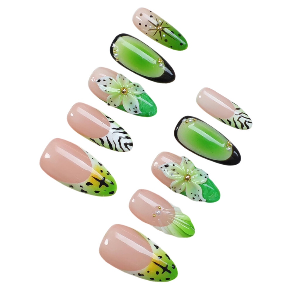 Penghui-Toys (S) Nude Almond Fake Nails With Green Tip With Not Easy Break Or Split Design For Girlfriend Wife Women And Girl