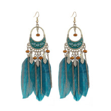 Crescent Boho Wood Beads Feather Earrings ,fringe Long Drop Earrings for Women, Chain Long Hook Earrings A107-1101