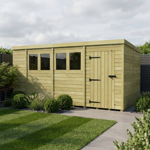 15 x 8 Pent Shed Tanalised (Single Door, With Windows)