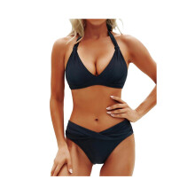Zweiteiliger Bikini für Damen, Neckholder-Oberteil und -Unterteil, Strandurlaub-Set, schwarz, Größe