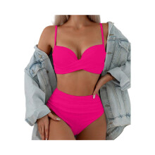 Zweiteiliger Damenbikini mit Spaghettiträgern, hohem Beinausschnitt, Push-up-Effekt und Bügeln, rosarot,