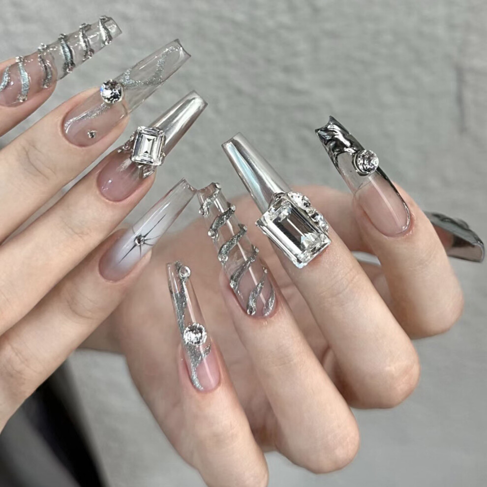 Creation-3C (Xs) 10Pcs Ice Transparent Rhinestone Fake Nails