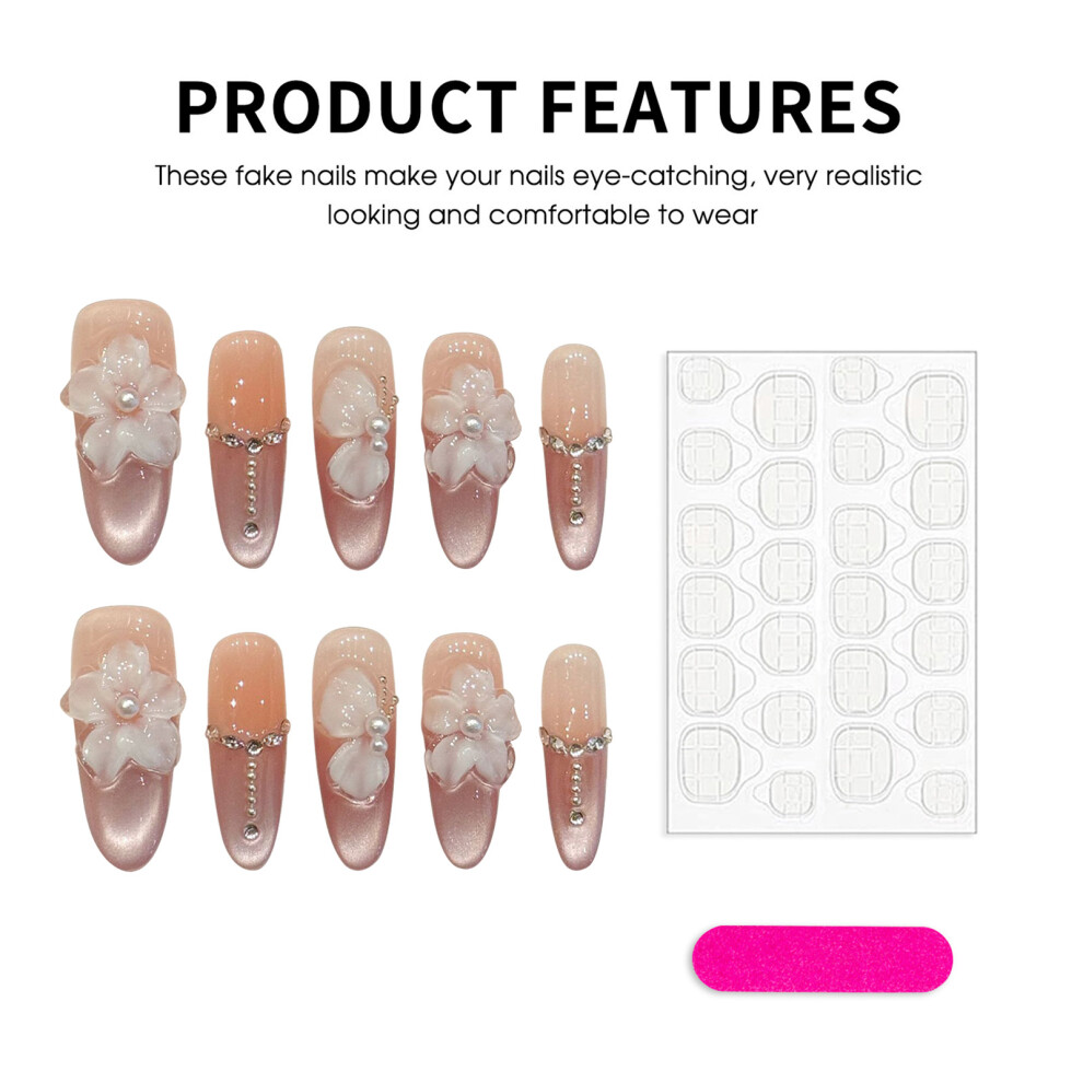 Hue-Grain (Xs) 10Pcs Pink Cat Eye Fake Nails With Rhinestones