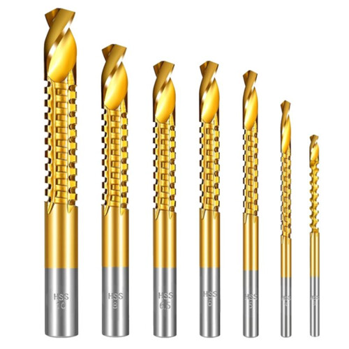 7PCS Titanium Coated HSS Twist Drill Bits, 3-10mm Serrated Side Cutting Drill Bit, Hex Shank Serrated Cutting Drill Bits